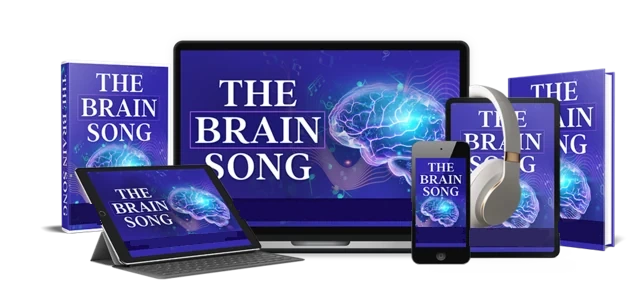 The Brain Song artwork shown on a laptop, phone and book mockups, as pictured by the seller