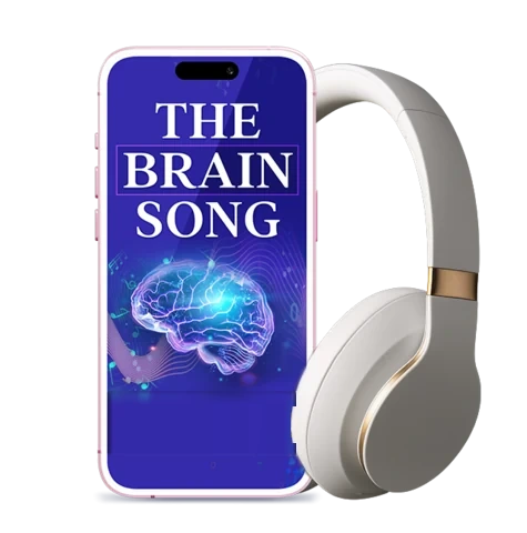 The Brain Song audio shown on a phone screen beside a pair of white over-ear headphones